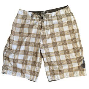 Lost Enterprises Board Shorts Plaid Crown Wings Embroidered Patches Men's Sz 36